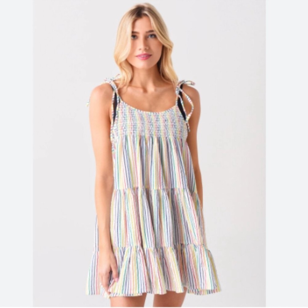 SOLID & STRIPED Multicolor Striped Tie-Shoulder Sundress